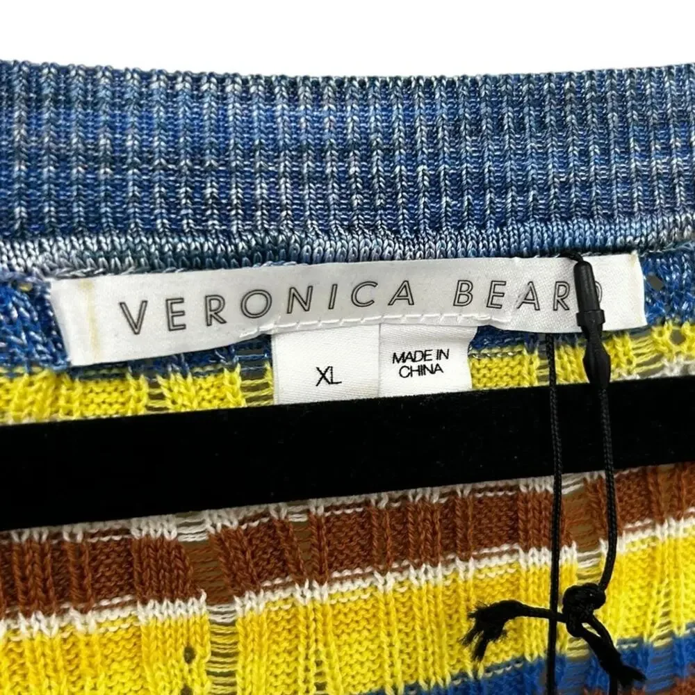 NWT Veronica Beard Stripe Chantal Scoop Neck Ribbed Sweater Yellow Blue Size XL